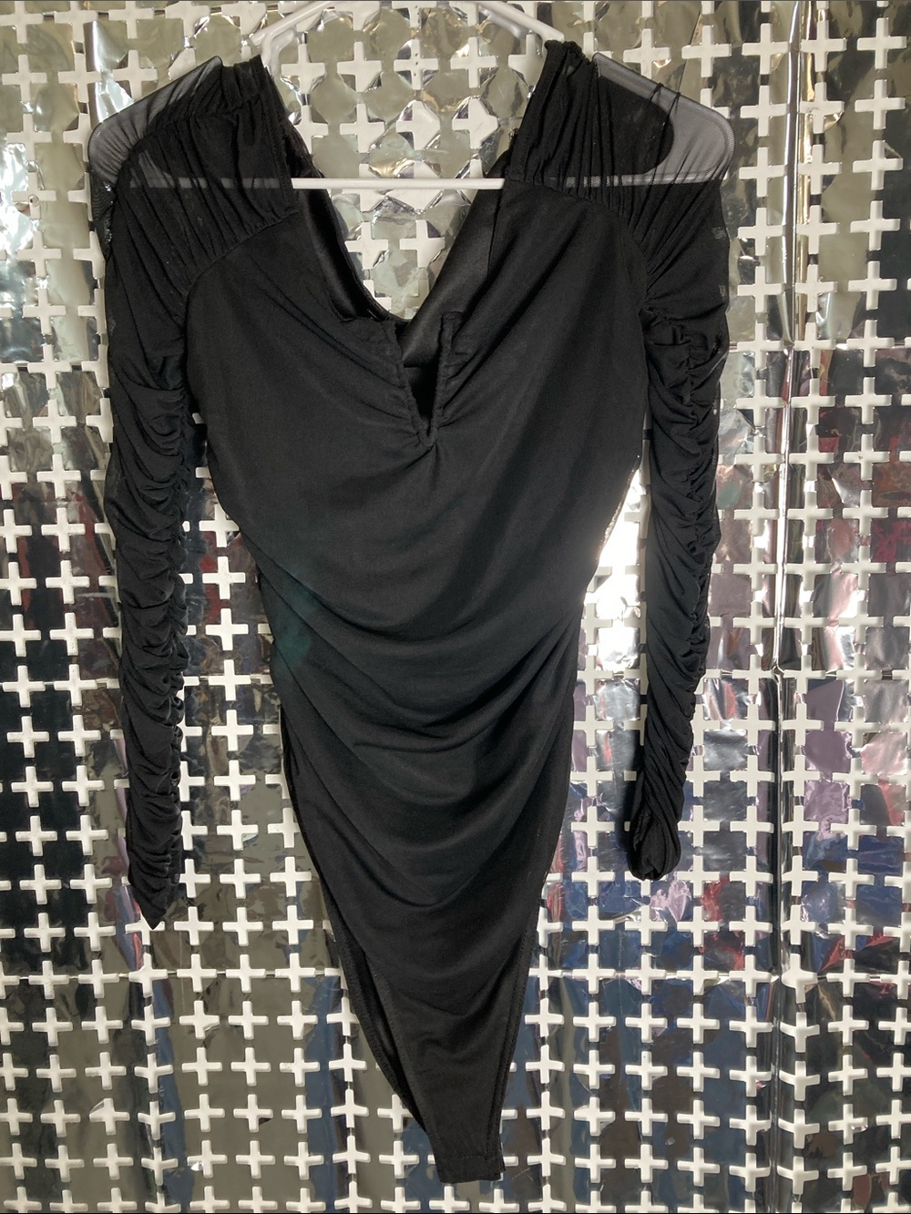 Fashion Nova Black Ruched Long-Sleeve Bodysuit